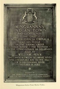 "Minguannan Indian Town Marker Tablet," a marker placed by the Pennsylvania Historical Commission and the Chester County Historical Society, 1924. This photograph between pages 92 and 93 of Albert Cook Myers, William Penn: His Own Account of the Lenni Lenape or Delaware Indians, 1683 (Delaware Co., Pa., 1937). Courtesy of the American Antiquarian Society, Worcester, Massachusetts.