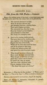 "'Ode from the 19th Psalm'—Addison: with Questions, Errors, Spell and Define Sections," page 115 from William H. McGuffey, The Eclectic Third Reader; Containing Selections in Prose and Poetry, from the Best American and English Writers … (Cincinnati, 1838). Courtesy of the American Antiquarian Society, Worcester, Massachusetts.