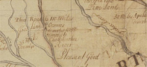 Fig. 6. Detail of abandoned Indian towns during or as a result of the Yamasee War, Hammerton's "Map of the Southeastern Part of North America" (1721). Courtesy of the Yale Center for British Art, New Haven, Connecticut, gift of the Acorn Foundation, Inc., Alexander O. Vietor ('36), president, in honor of Paul Mellon.