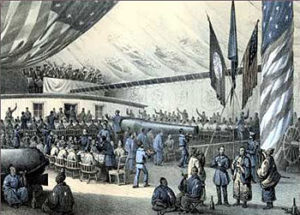 Fig. 3. The deck of the USS Powhatan played host to a large banquet for Japanese diplomats and their retinues. Toward the end of the evening, white sailors staged a blackface minstrel performance "to the delight" of visiting dignitaries. "Banquet Aboard Powhatan," Francis L. Hawks, Narrative of the Expedition of an American Squadron to the China Seas and Japan in the Years 1852, 1853, and 1854 (Washington, D.C., 1856) and the MIT "Visualizing Cultures" program.