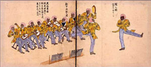 Fig. 4. This Japanese print depicts the antics of the "Corps of Ethiopians belonging to the Powhatan." A playbill distributed to the audience promised "songs and dances of the plantation blacks of the South." "Assembled Pictures of Commodore Perry's Visit," artist and date unknown. Courtesy of the Tokyo Historiographical Institute and the MIT "Visualizing Cultures" program.