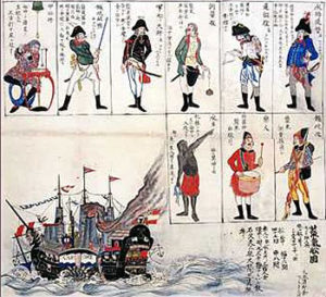Fig. 5. Following the arrival of the American squadron and its minstrel troupe, Japanese representations of black peoples (pictured here as a "sailor from a nation of black people," in the bottom row, left, of an 1854 print) almost immediately caricatured them as simian and dimwitted. "Black Ship and the Crew," artist unknown, ca. 1854, Tokyo Historiographical Institute and the MIT "Visualizing Cultures" program.