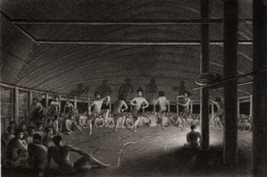 Fig. 6. American maritime minstrelsy might best be seen as part of a broader series of practices wherein peoples unable to communicate verbally instead exchanged song, dance, and performance as a means to mutual intelligibility. Here, native Samoans dance for a party of Americans who had earlier "jumped Jim Crow" for the islanders' amusement. "Samoan Dance," A.T. Agate, illus., in Charles Wilkes, Narrative of the United States Exploring Expedition, 5 vols. (New York, 1856) 2:134. Courtesy of the American Antiquarian Society, Worcester, Massachusetts.