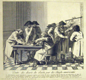 Engraving with French text beneath. The scene shows Americans selling shares of Duer's (and others) Scioto Company in Paris. "Vente des deserts du Scioto, par des Anglo-americains," (34 x 37 cm), (Paris, 1789). Courtesy of the European Political Print Collection at the American Antiquarian Society, Worcester, Massachusetts. Click image to enlarge in new window.