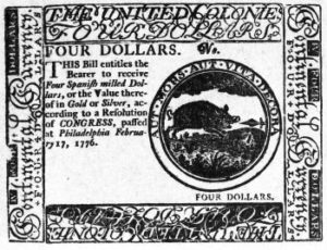 Currency issued by the Continental Congress steadily depreciated during the American Revolution. As money issued in great quantities by Congress and each of the states became virtually worthless, other forms of paper credit and government-issued securities became desirable for speculation. "Congressional Currency," February 17, 1776. Courtesy of the Library Company of Philadelphia, Philadelphia, Pennsylvania.