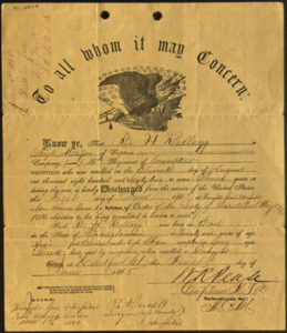 Fig. 5. Kellogg's discharge certificate marked the end of his military career. Robert Hale Kellogg, Discharge from the 16th Connecticut Volunteer Regiment, Knight General Hospital, New Haven, Connecticut, June 1, 1865. Robert Hale Kellogg Papers, 1862-1931. Courtesy of the Connecticut Historical Society, Hartford.