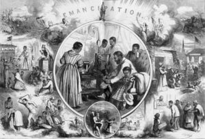 Fig. 8. "The Emancipation of the Negroes, January, 1863—The Past and the Future," engraving by Thomas Nast, from Harper's Weekly (January 24, 1863). Courtesy of the Library of Congress, Washington, D.C. Click image to enlarge in a new window.
