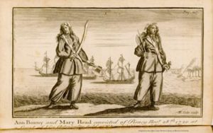 Fig. 13. "Ann Bonny and Mary Read," engraved by B. Cole. From the original London edition of Johnson's General History of the Pyrates (1724). Courtesy of the John Carter Brown Library at Brown University.