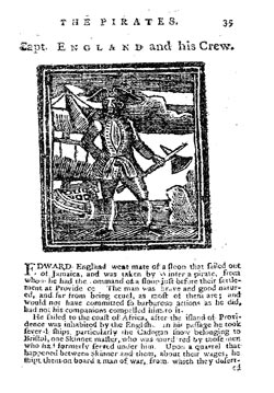 Fig. 15. "Capt. England" from Johnson's Pirates (Glasgow, 1788; "the eleventh edition"). This image was actually used four times in this volume to portray other pirates as well; most of the book's woodcuts were used multiple times. The one depicting Anne Bonny, for example, was reused to depict male pirates. Courtesy of the British Library Board, 1076.1.15.(16.).