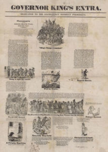 Fig. 2 "Governor King's Extra" is an anti-Charter government broadside. The woodcut scene in the center, entitled "The Providence City Guards celebrating their Victory over the Dorrites," viciously depicts blacks at a table with dogs, eating and drinking like barbarians. (Providence, s.n., 1842?) Courtesy of the Broadside Collection at the American Antiquarian Society, Worcester, Massachusetts. Click to enlarge in a new window.