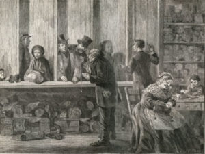 Fig. 1. A typical pawnshop interior was crammed with wrapped packages of pawned goods and had privacy cubicles. Running a pawnshop often involved the entire family, and it was common for children to be trained while young so they could eventually take over the business from fathers and uncles. "At the Pawnbroker," Every Saturday, March 4, 1871, p. 209. Courtesy of the author.
