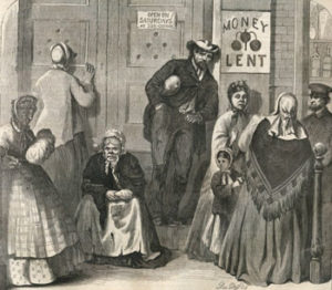 Fig. 2. Pawners cut across lines of race and gender, as shown here. Pawning could also be a social occasion, as neighbors often went to the pawnshop together, suggested in this image by the two women conversing. "Waiting for the Pawnshop to Open," Harper's Weekly, Sept. 7, 1867, p. 561. Courtesy of the American Antiquarian Society, Worcester, Massachusetts.