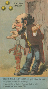 Fig. 3. By the end of the nineteenth century, Jews and pawnbrokers had become shorthand for one another. This trade card shows the stereotypical characteristics of Jews, including a hooked nose, large hands, shabby clothes, and ostentatious jewelry, indicating that they were strange, greedy types. Note also the three gold balls, the traditional sign of the pawnbroker. "Trade Card," R.W. Bell Manufacturing Company, Buffalo, ca. 1890. Courtesy of the author.