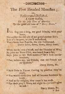 3. Verses 1-3 from "The Five Headed Monster," in The Federal Songster, printed by James Springer (New-London, 1800). Courtesy of The American Antiquarian Society, Worcester, Massachusetts.
