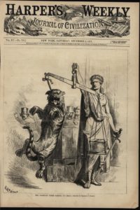 10. “The Tammany Tiger Strung Up,” by Charles Stanley Reinhart after Charles J. Fagan. Front cover of Harper’s Weekly 15:779 (Dec. 2, 1871). Courtesy of the American Antiquarian Society, Worcester, Massachusetts. 
