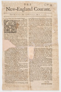The front page of number 49 of The New-England Courant features the eighth essay by Silence Dogood in the July 9, 1722, issue. The Boston-based paper was printed and sold by James Franklin. Courtesy of the American Antiquarian Society, Worcester, Massachusetts.